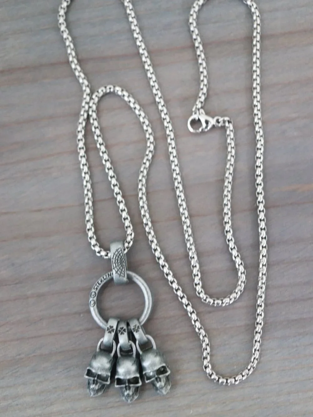 3 Skull Head Gothic Charm Style Pendant Necklace Silver Stainless Steel